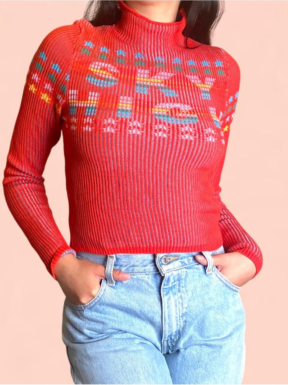 Urban Outfitters BDG Red Ribbed Mock Neck Sweater with Multicolor Fair Isle